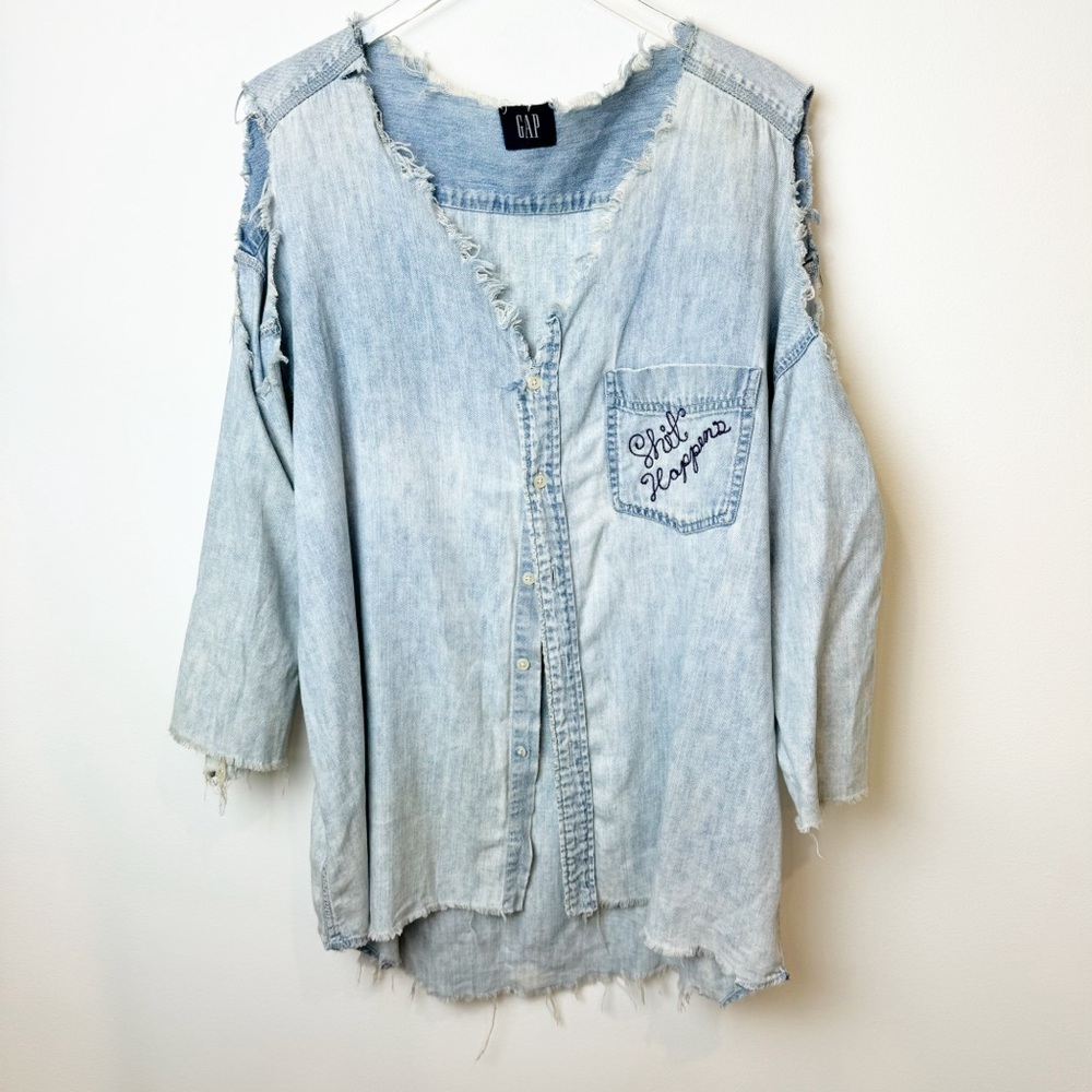 Vintage | Unique Upcycled Thin Soft 'Shit Happens' Western Embroidered Chambray